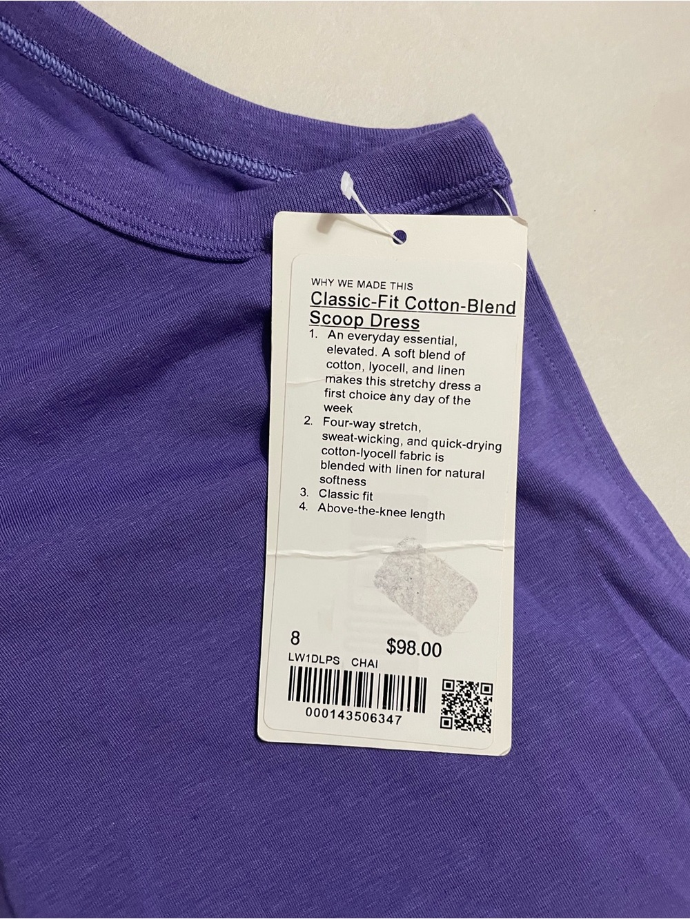 Lululemon NWT Classic Fit Cotton Blend Scoop Dress Charged Indigo Purple Size 8 - Picture 10 of 12